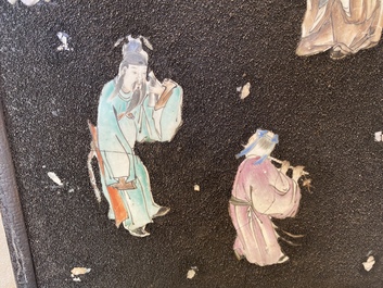 A pair of Chinese famille rose black gravel-ground plaques, Jiaqing